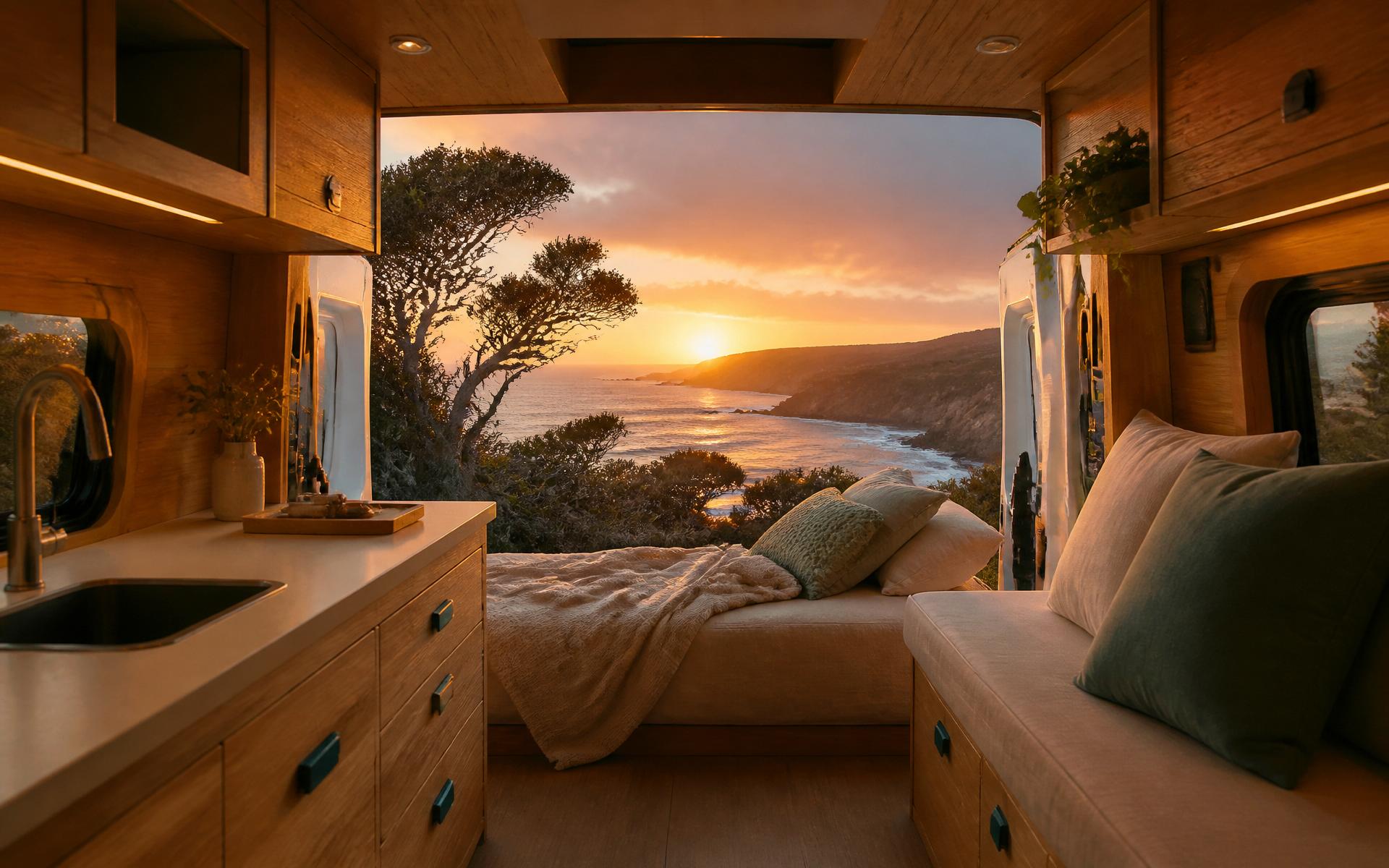 Custom timber campervan interior with open back doors facing the Australian outback at golden hour